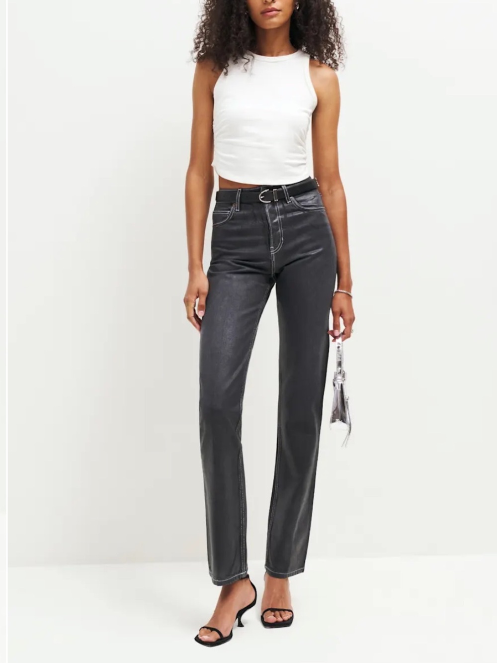 Reformation Cynthia High Rise Straight Long Jeans Glossy Black - Size 27